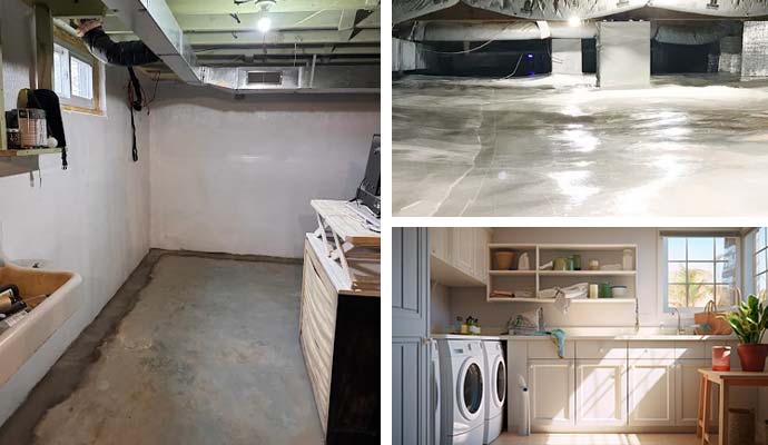 Basement crawl space and laundry room collage