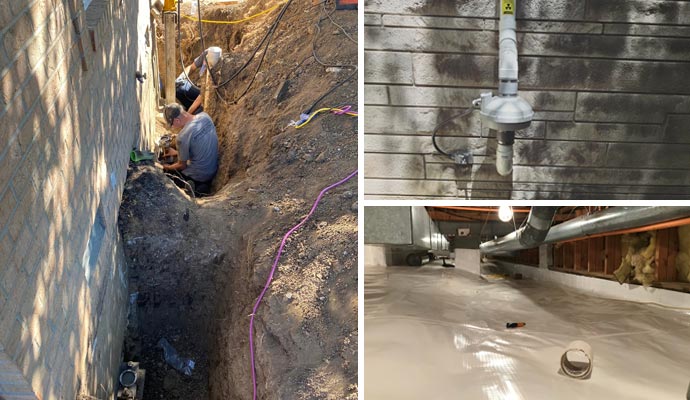 Collage of foundation repair, radon ventilation pipe and crawl space
