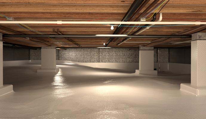 Fully encapsulated crawl space with white vapor barrier lining the ground and support piers