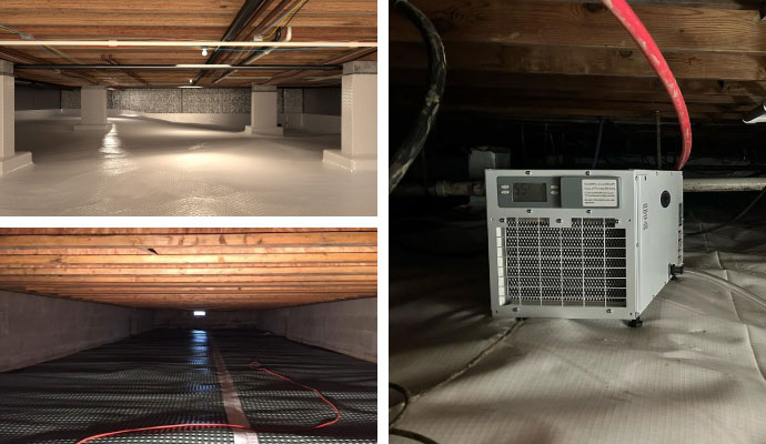 Collage of encapsulated crawl space and dehumidifier