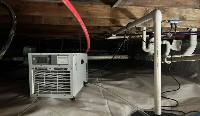 Commercial dehumidifier unit installed inside an encapsulated crawl space