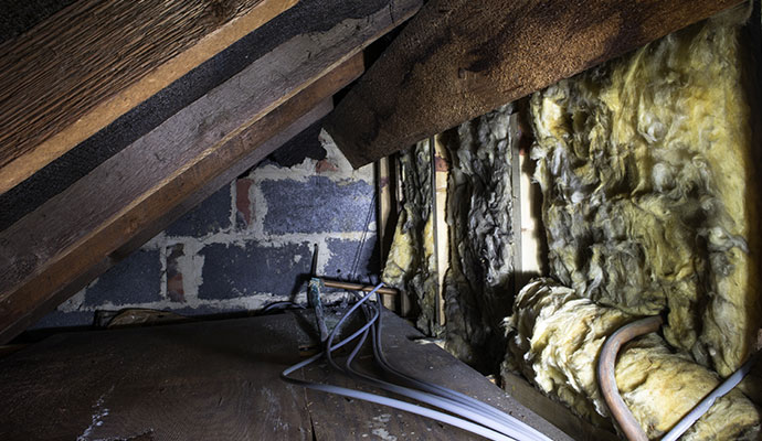Damaged insulation and exposed wiring in attic roof space