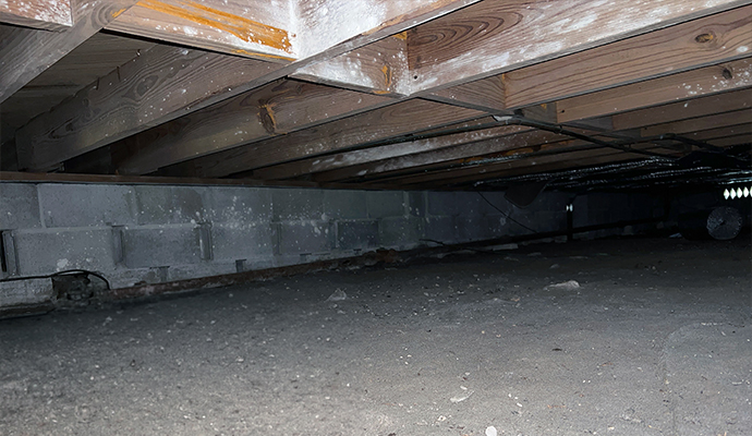 Crawl space with mold on joists