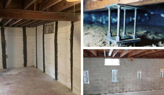 Foundation repair solutions featuring carbon fiber wall straps, crawl space support jacks, and steel wall anchors