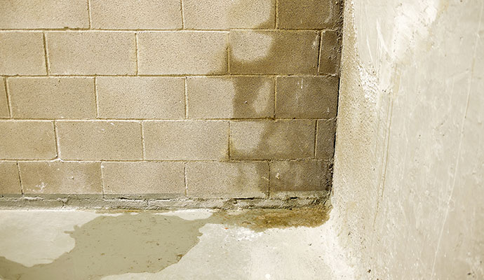 Water leaking through a cinder block foundation wall and pooling on the floor