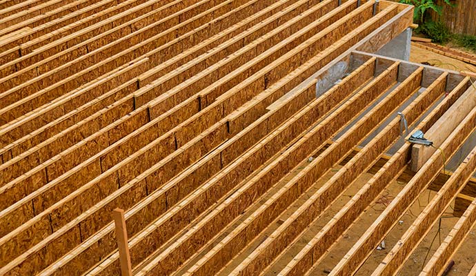 Installed wooden floor joist framing