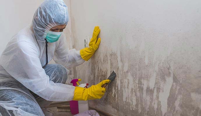Mold remediation specialist in protective suit and gloves scraping mold from a damaged wall