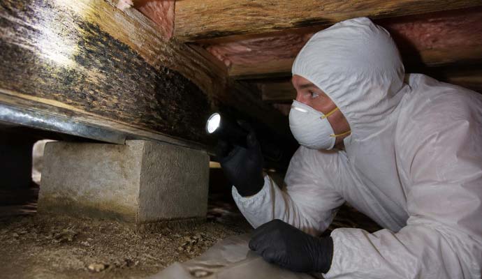 Expert inspecting mold in crawl space
