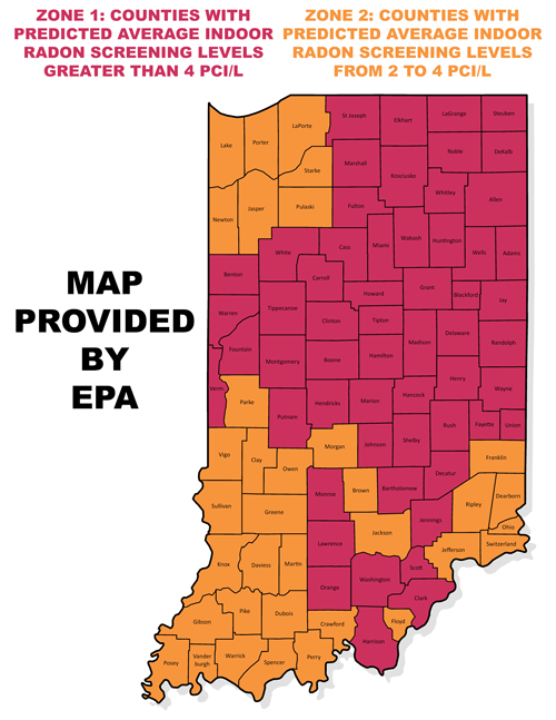 Indiana radon map showing predicted radon levels by county